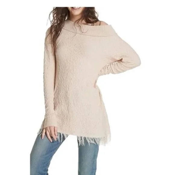 Free People Sweaters - Free People Broken Glass Textured Off-Shoulder Cream Tunic Sweater